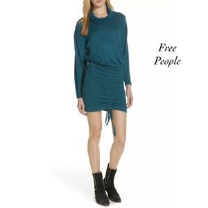 Free People Sundown Mini Dark Green Cowl Neck Ruched Knit Dress NWT Size S